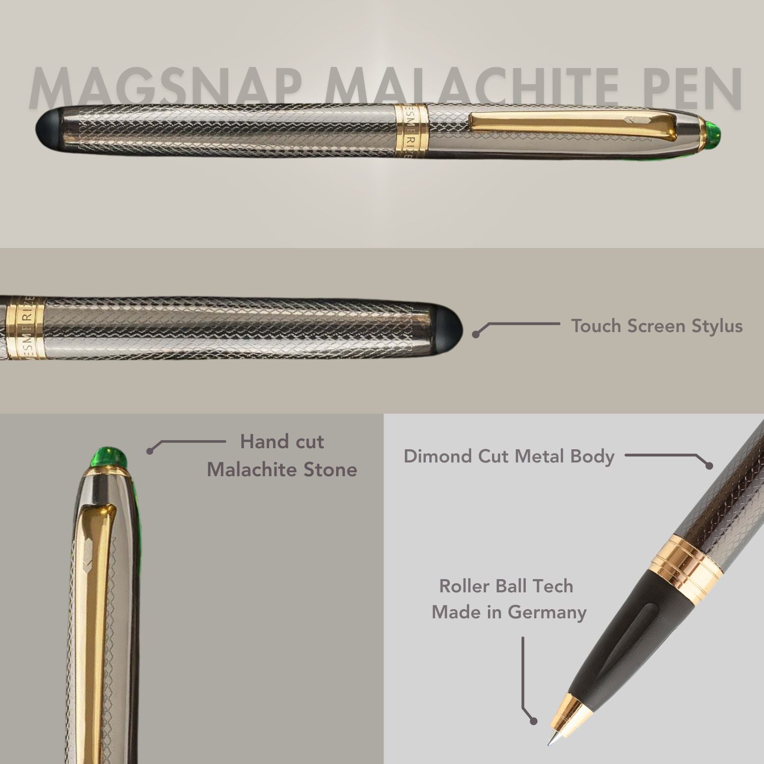 Personalised Malachite 2 in 1 MagSnap Roller Ball Pen with Stylus