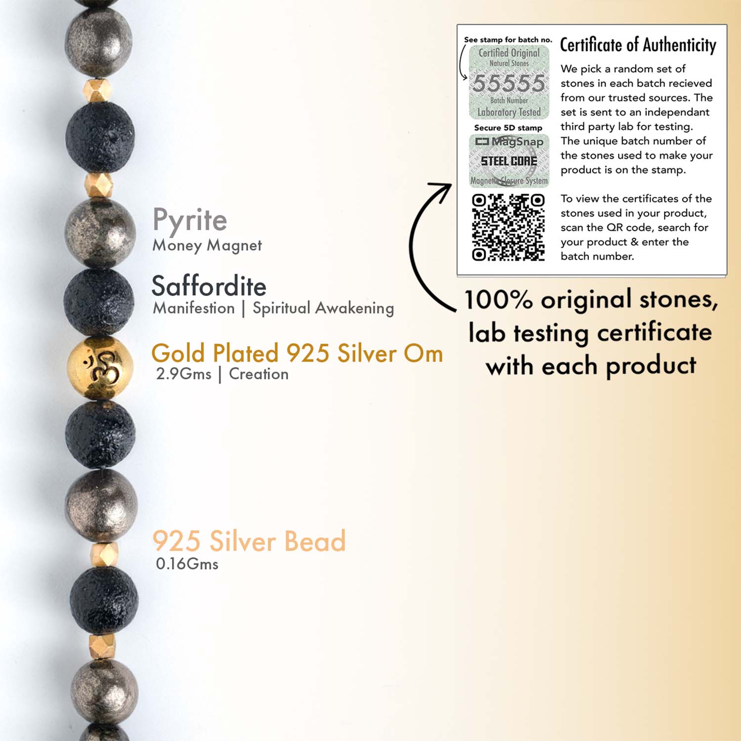 925 Sterling Silver Spiritual Om Pyrite Bracelet with Magsnap2