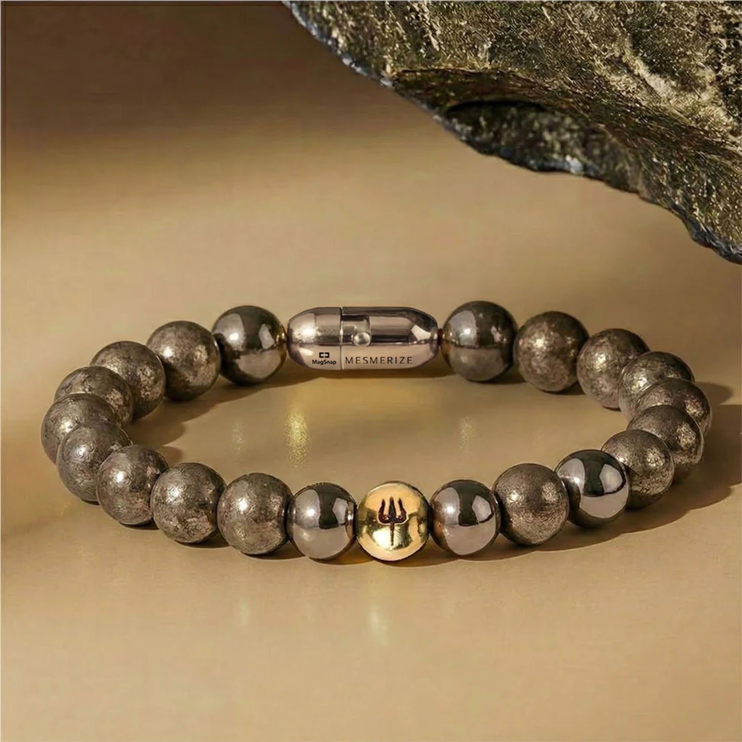 925 Sterling Silver Pyrite Trishul Natural Stone Bracelet with Magsnap2