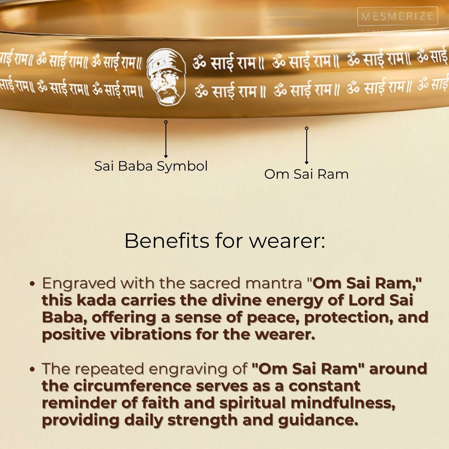 Om Sai Ram MicroCarved Round Curved Kada Gold