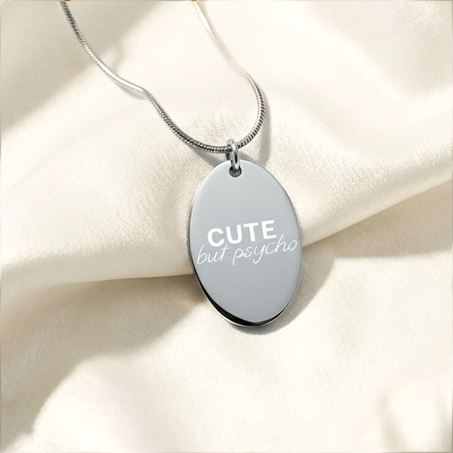 Cute But Psycho Oval Necklace Silver
