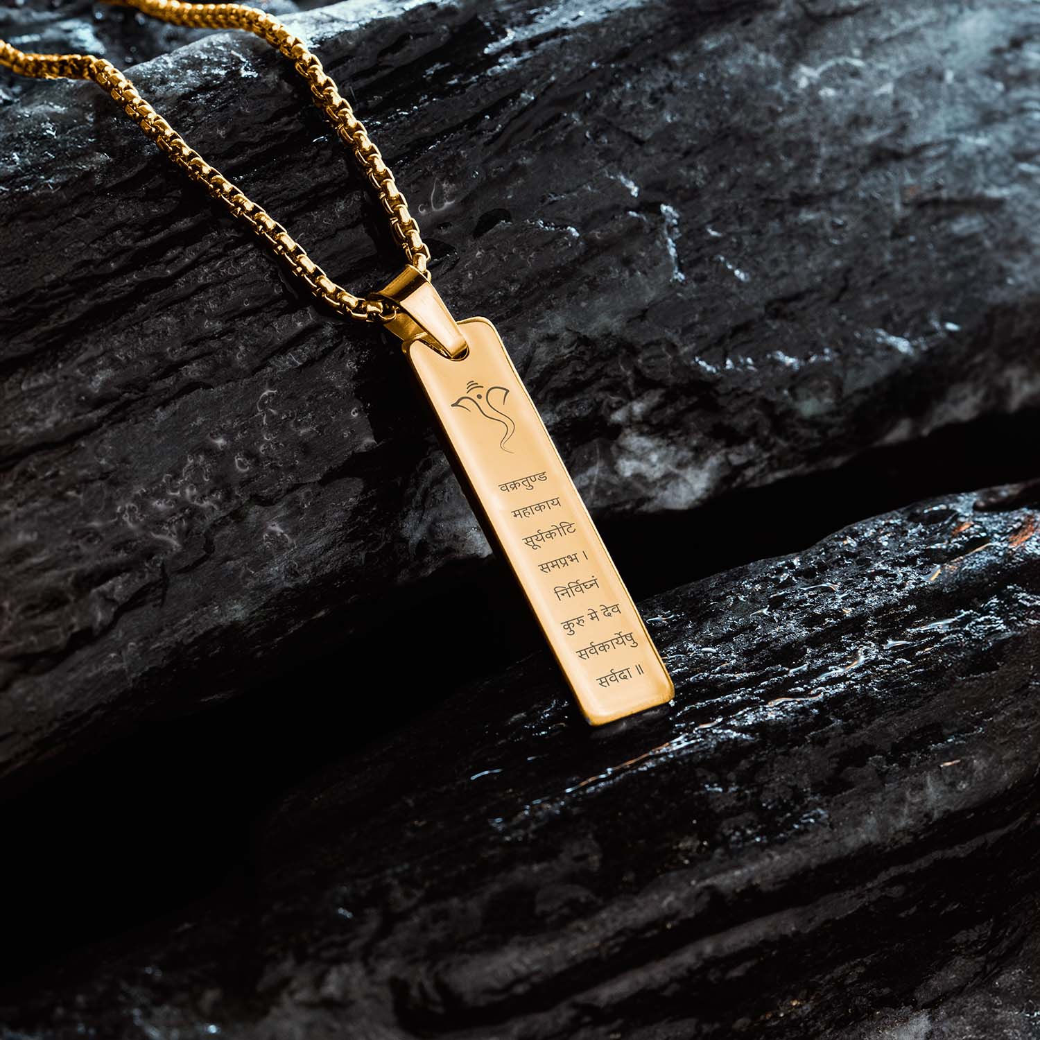 Devotional Ganpati Shloka Mini Tag Necklace Gold