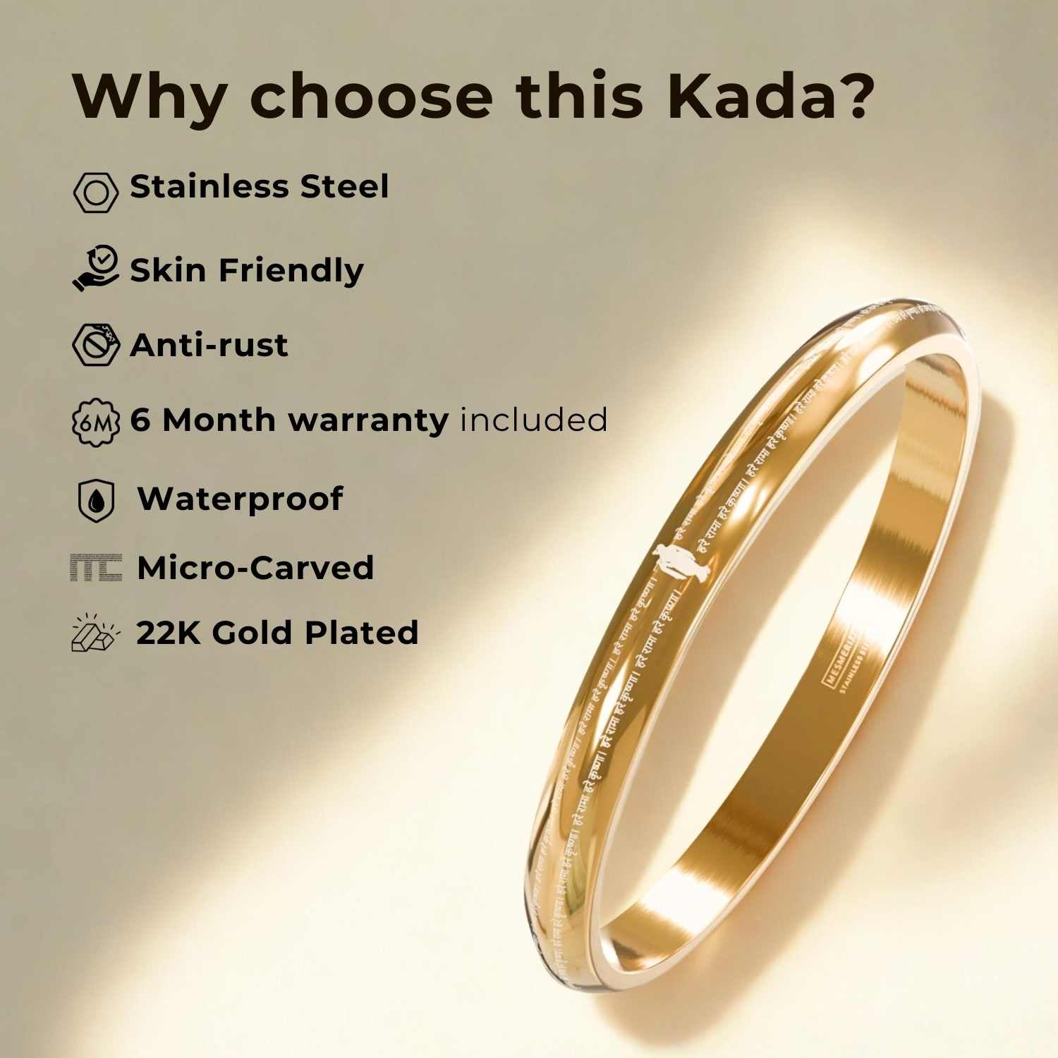 Hare Rama Hare Krishna MicroCarved Round Curved Kada Gold