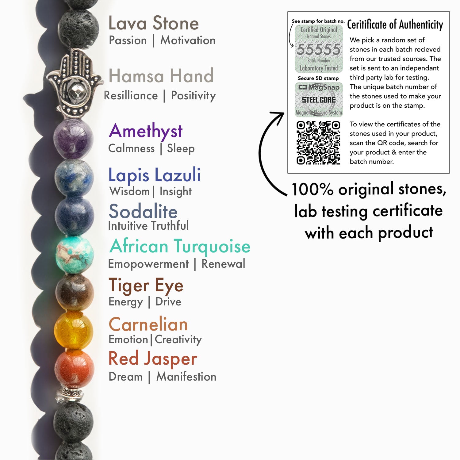 Natural Stone Jewellery Lava 7 Chakra Natural Stone Hamsa Bracelet with MagSnap