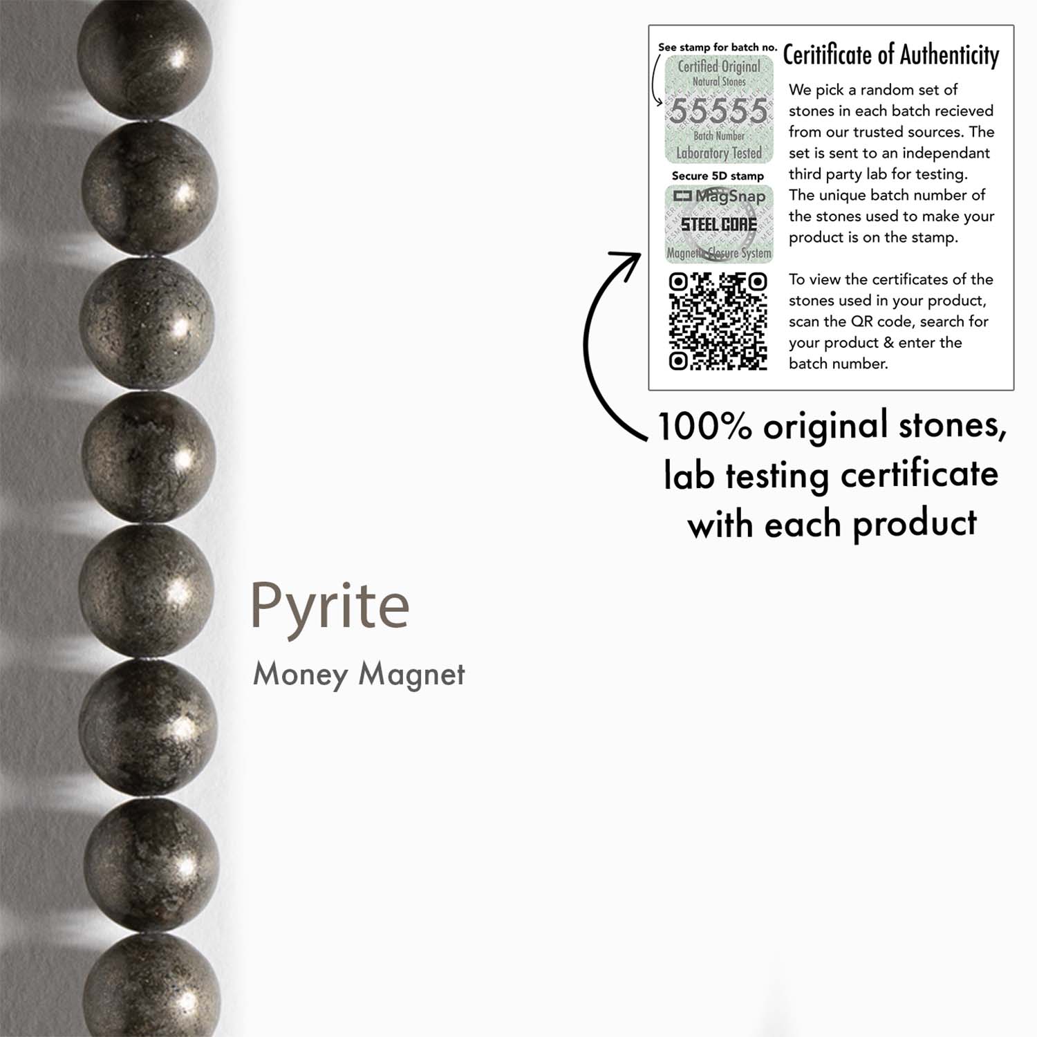 Natural Stone Jewellery Money Magnet Pyrite Natural Stone Bracelet with Magsnap