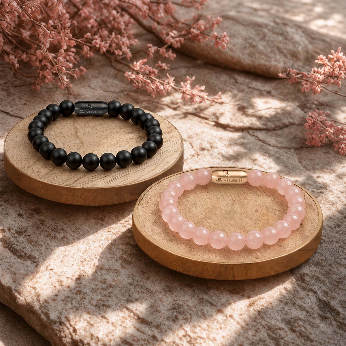 Onyx & Rose Quartz Natural Stone Couple Bracelet with Magsnap 2