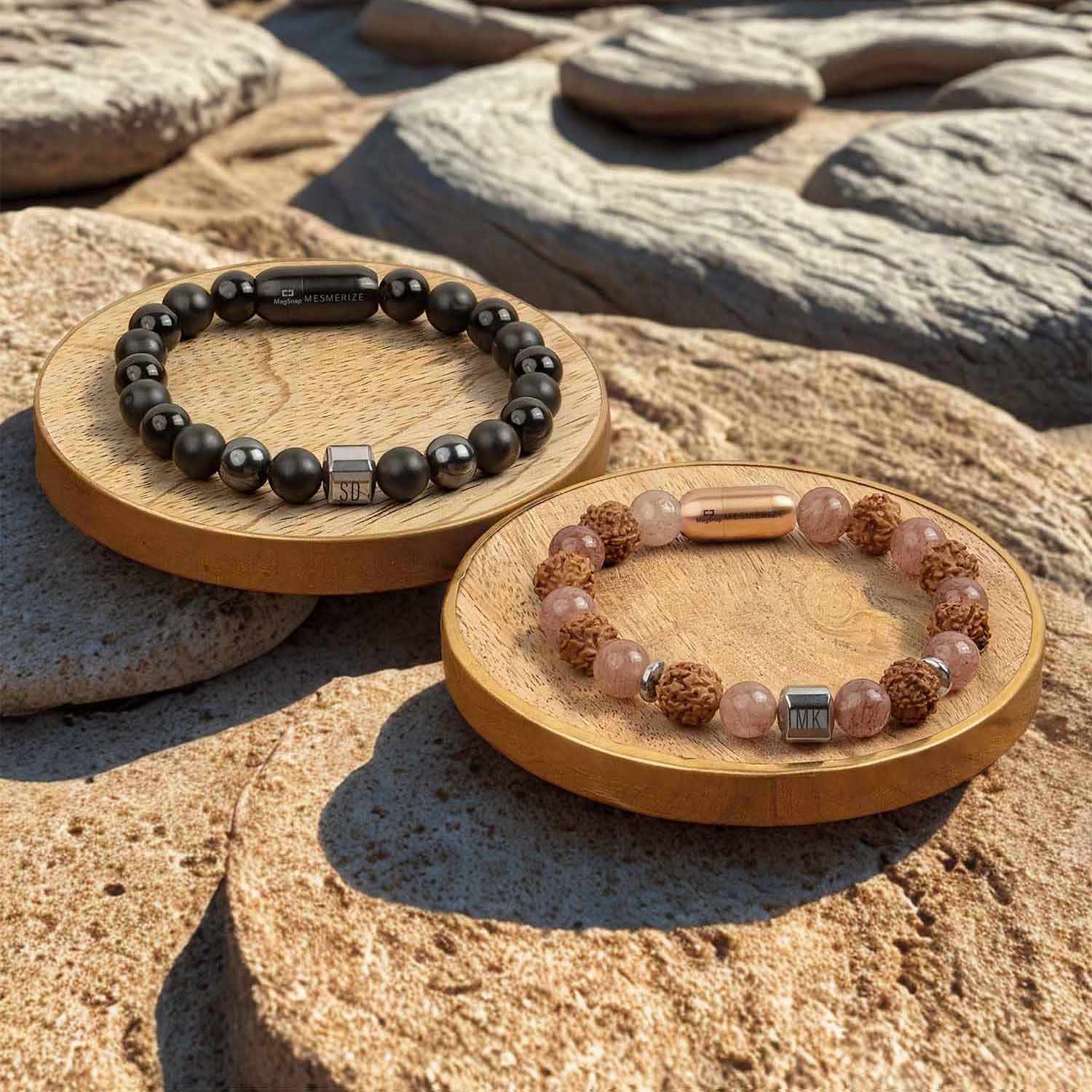 Personalised Serenity Strawberry Quartz & Stealth Gloss Onyx Natural Stone Couple Bracelets with Magsnap 2