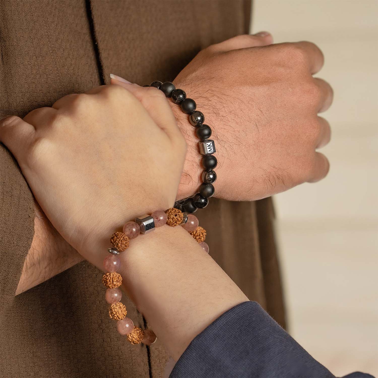 Personalised Serenity Strawberry Quartz & Stealth Gloss Onyx Natural Stone Couple Bracelets with Magsnap 2