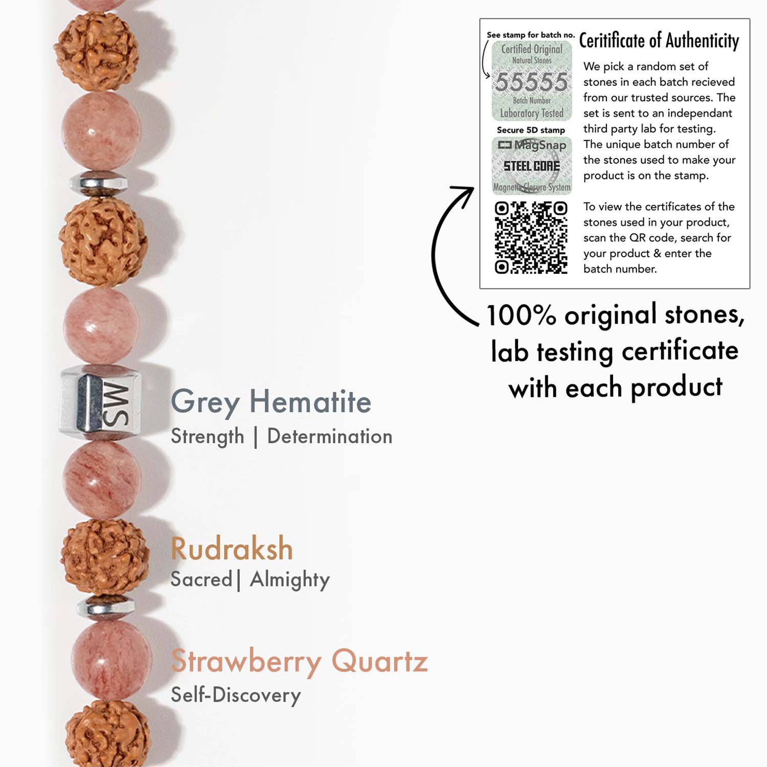 Personalised Serenity Strawberry Quartz & Rudraksh Bracelet with Magsnap2