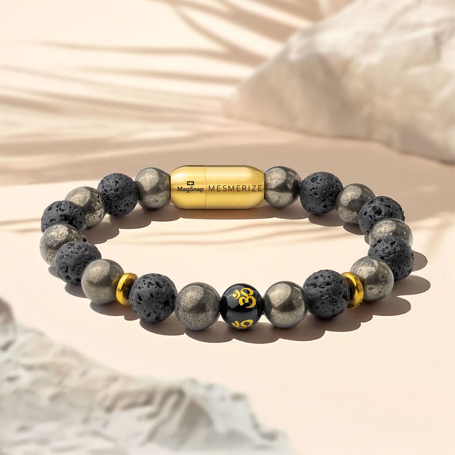 Natural Stone Jewellery Spiritual Pyrite Natural Stone OM Bracelet With Magsnap