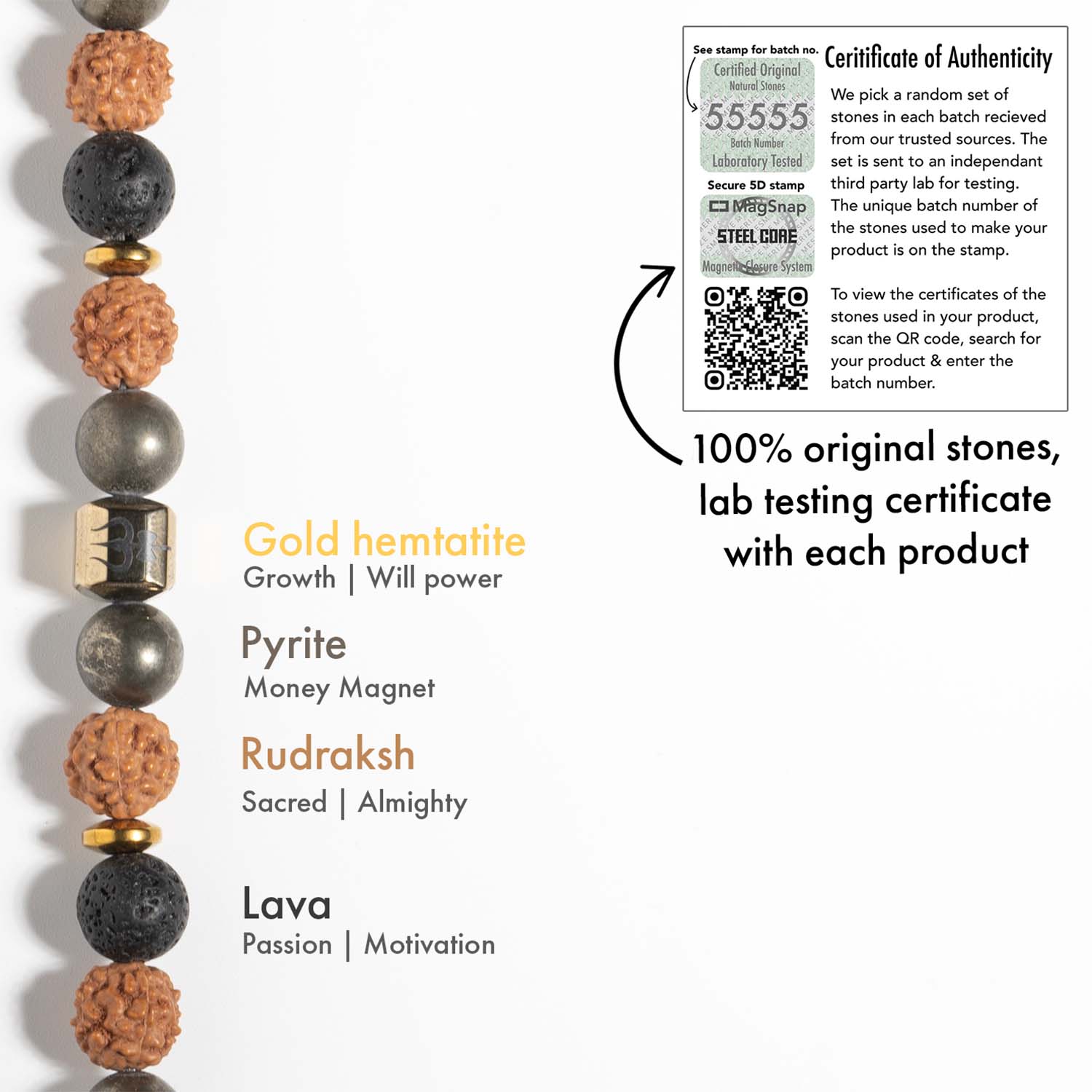 Spiritual Rudraksh Pyrite Trishul Bracelet with Magsnap