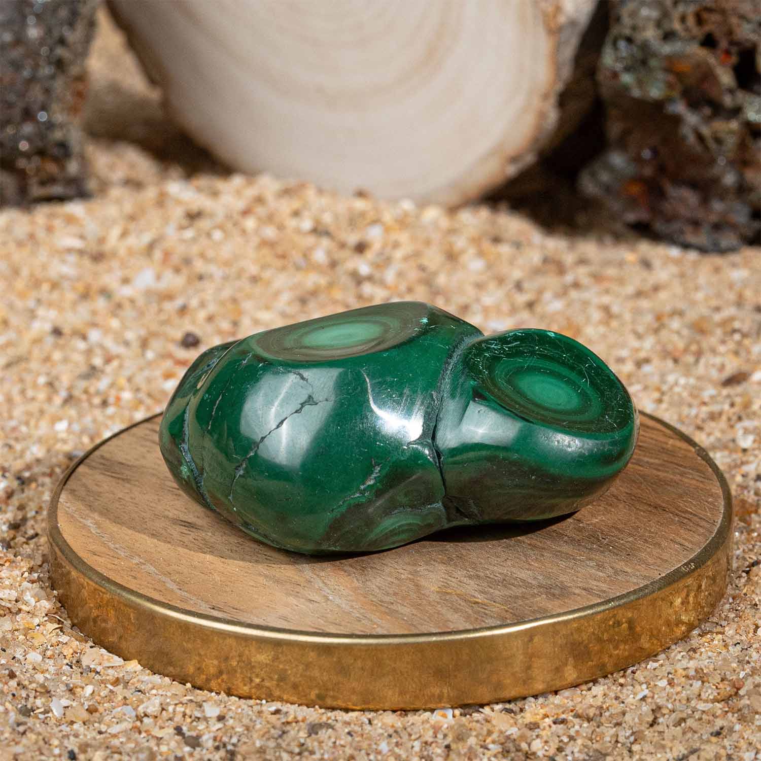Prosperity Polished Malachite Raw Stone With Mango Wood Coaster