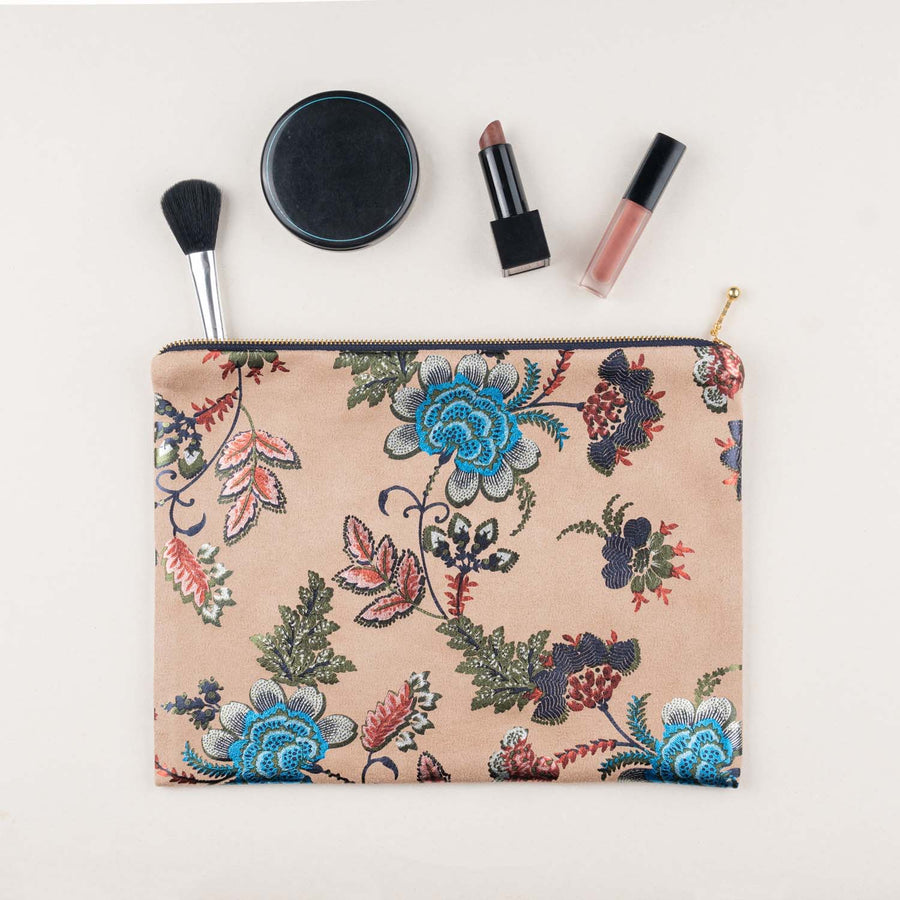 Beige Foil Print Suede Carry On Pouch