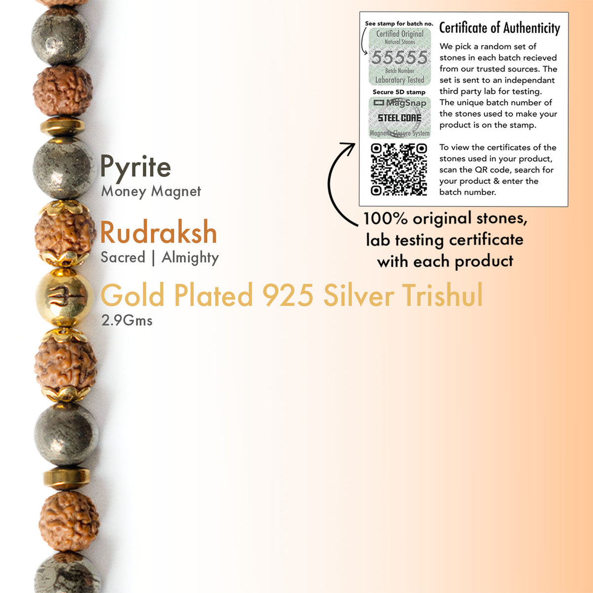 925 Sterling Silver Spiritual Trishul Pyrite Natural Stone Bracelet with MagSnap 2