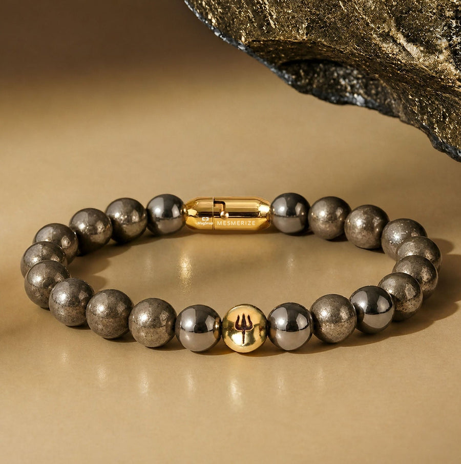 Pure 925 Silver Pyrite Trishul Natural Stone Bracelet with MagSnap 4