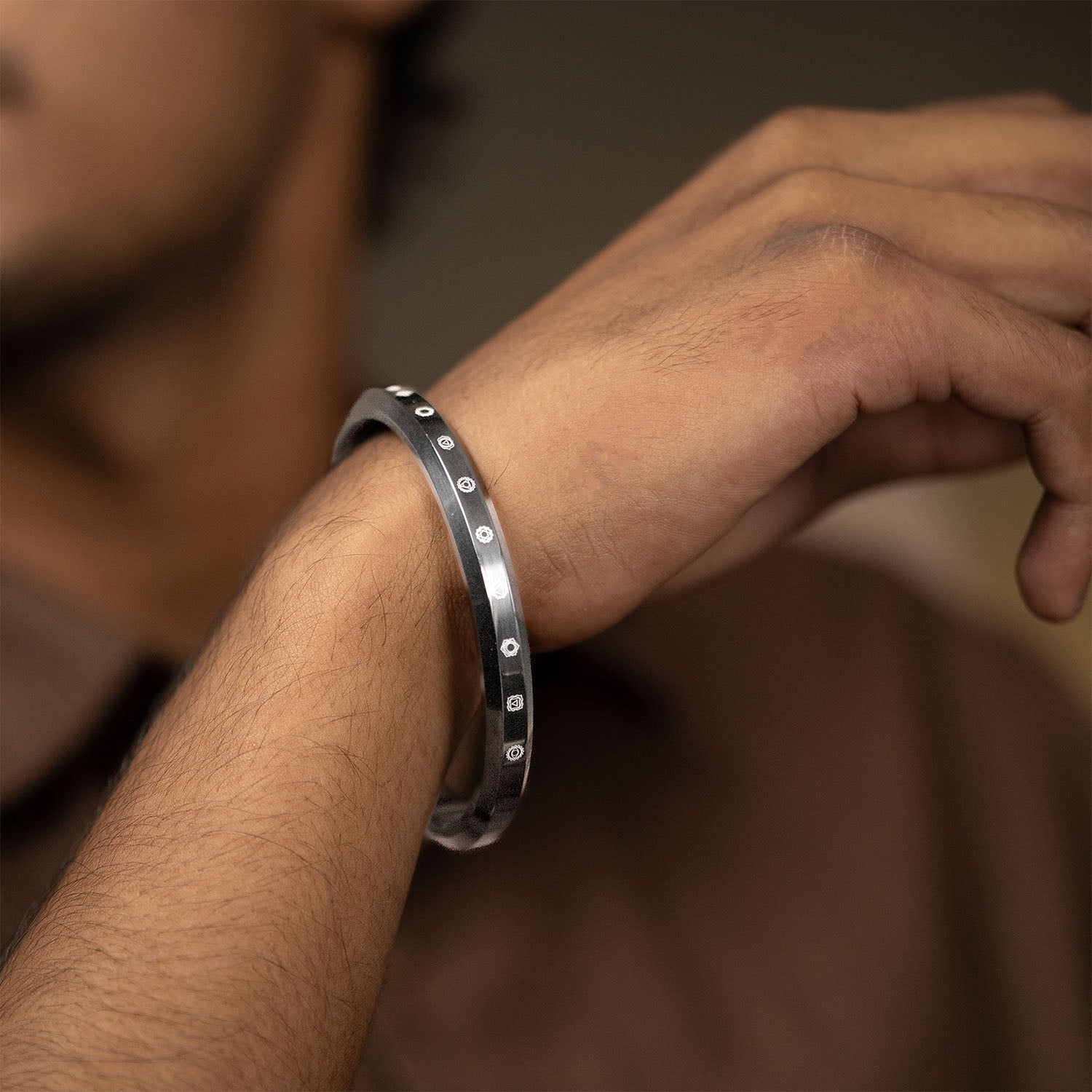 9 Chakra MicroCarved Round Kada Silver