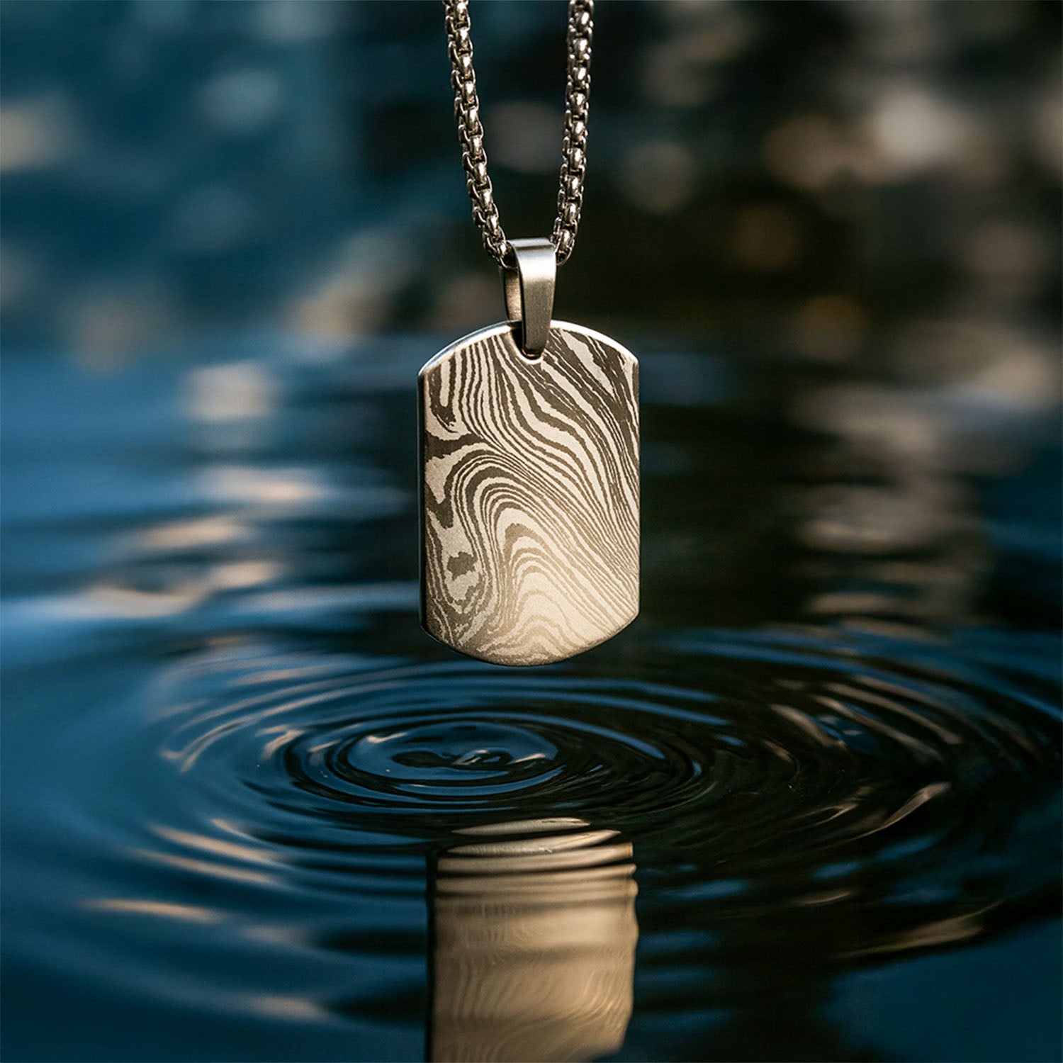 Damascus Steel Army Dog Tag Necklace Silver