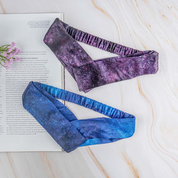 Cosmos Print Elastic Satin Hairband (Deep Space, Night Sky)