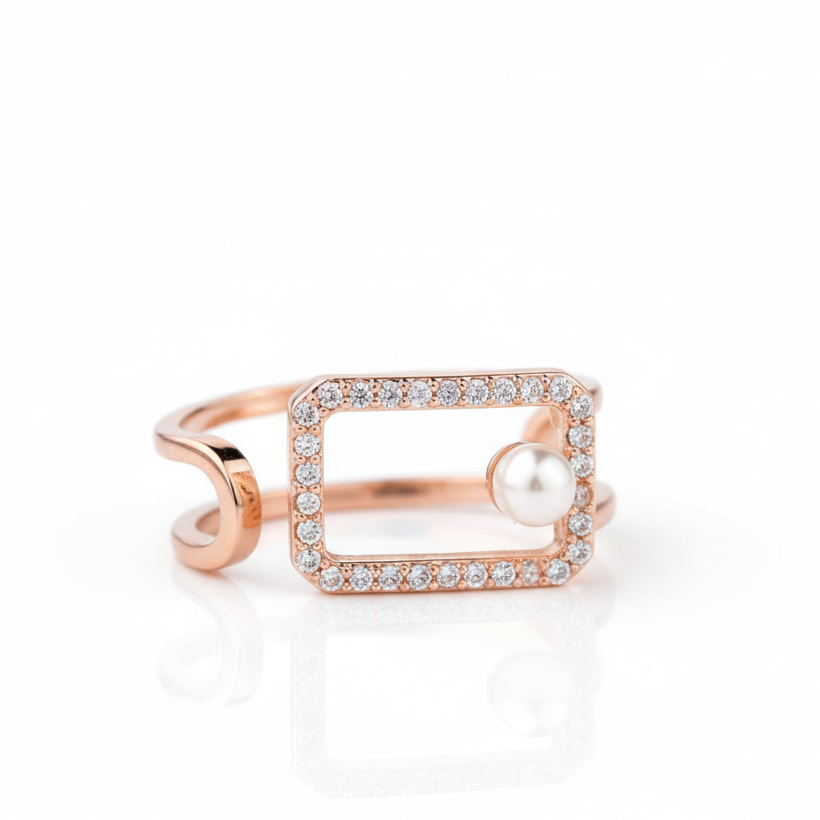 W Premium Jewellery Rose Gold Pearl Diamond Adjustable Ring
