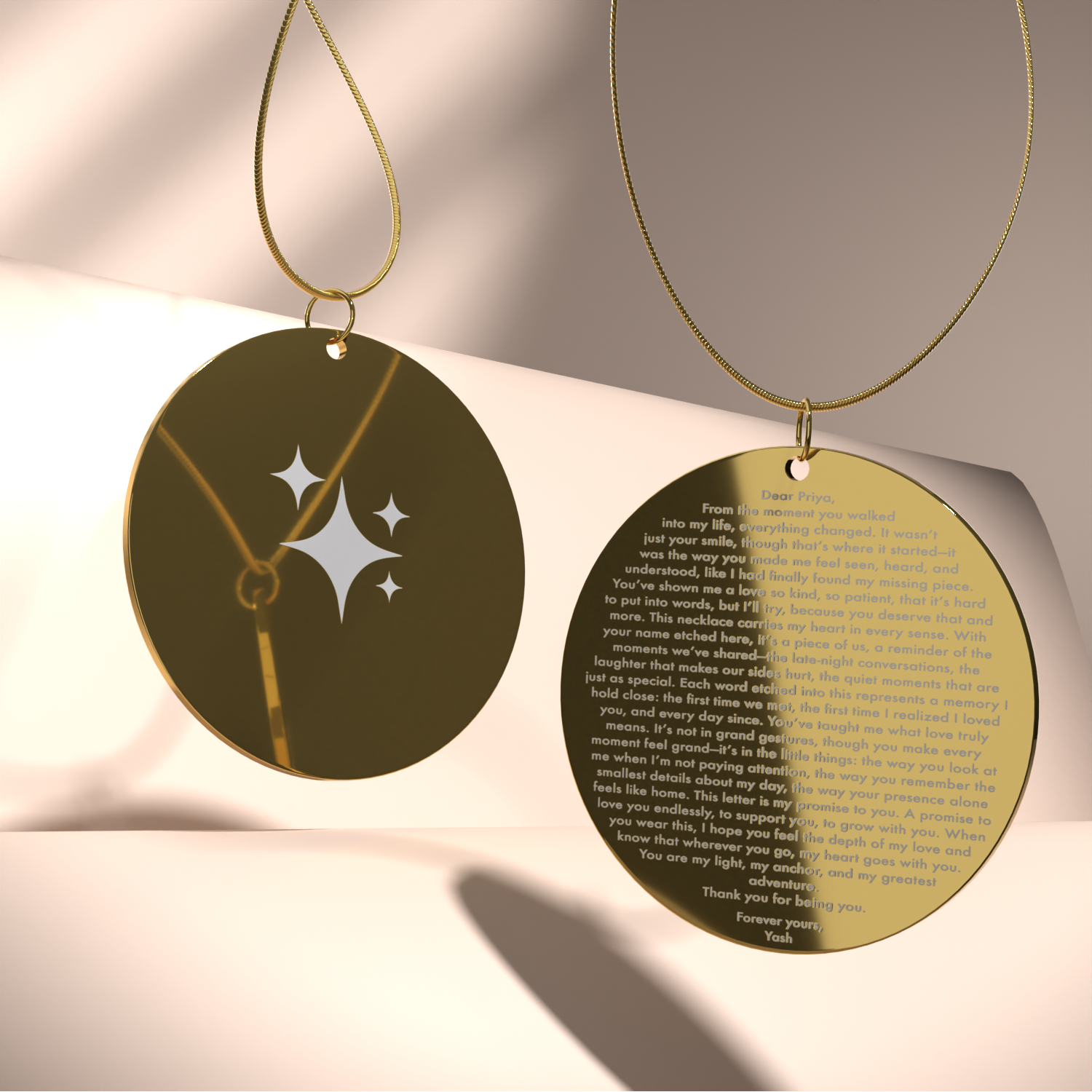 Personalised Star Love Letter MicroCarved Circle Necklace Gold