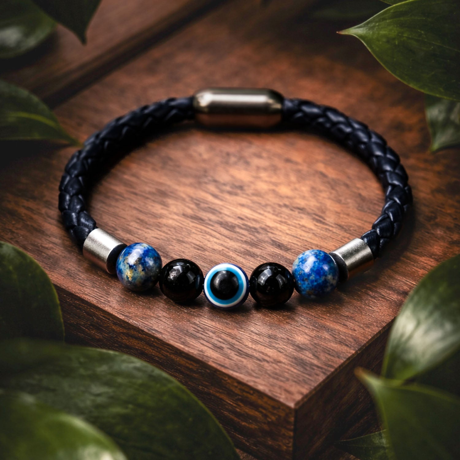 Gloss Onyx And Lapis Lazuli Natural Stone NeoLeather Bracelet With MagSnap2
