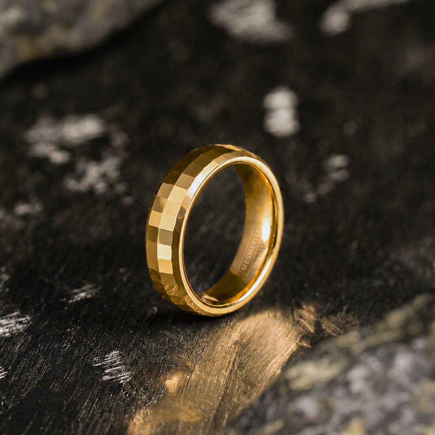 Gold Multi-Faceted Mirror Finish Tungsten Carbide Band Ring