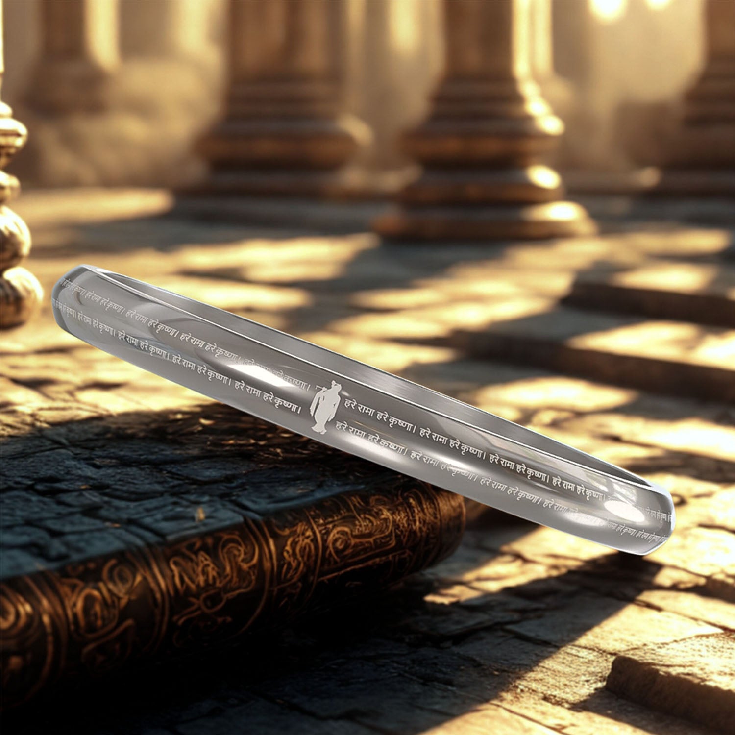 Hare Rama Hare Krishna MicroCarved Round Curved Kada Silver