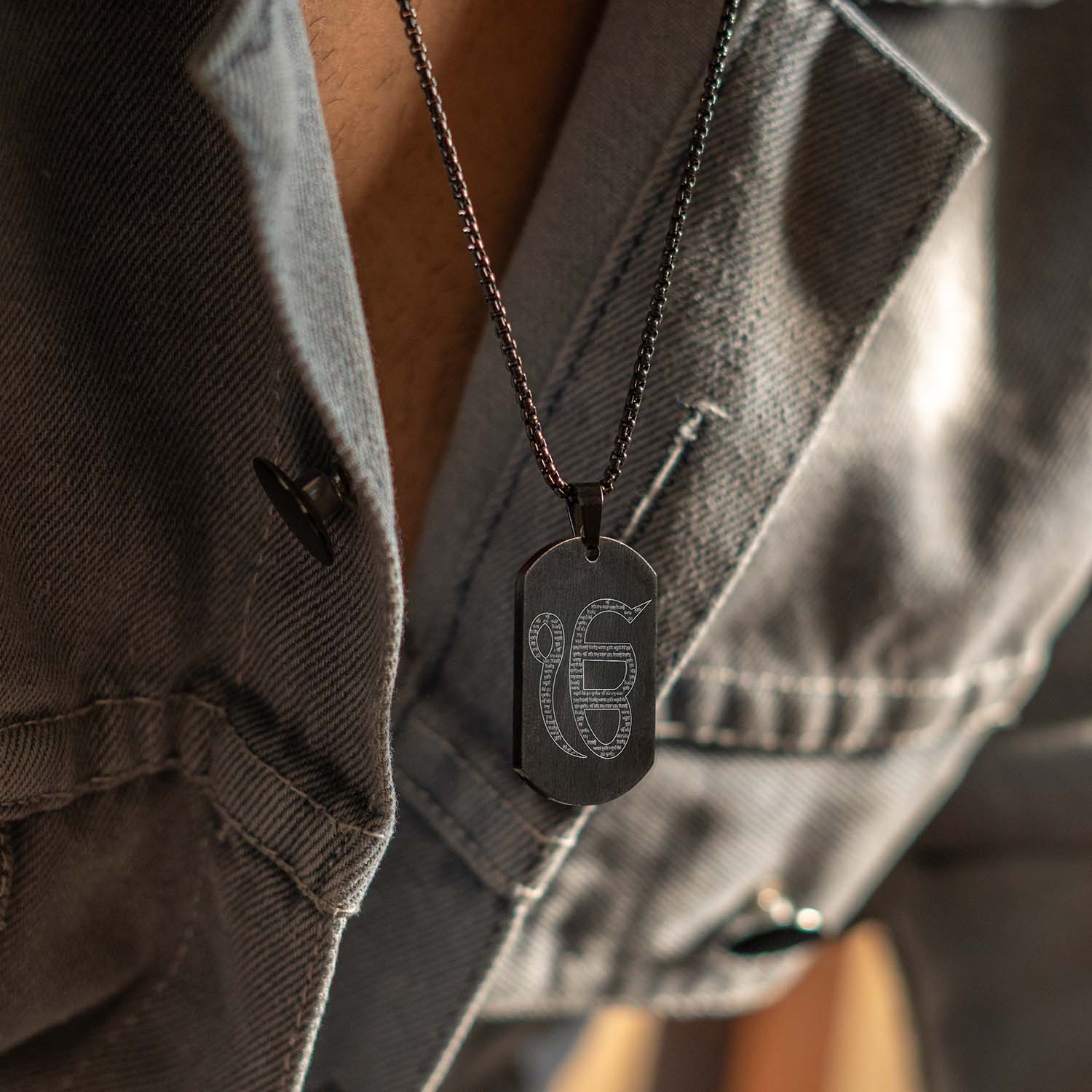 Ik Onkar MicroCarved Tag Necklace Black