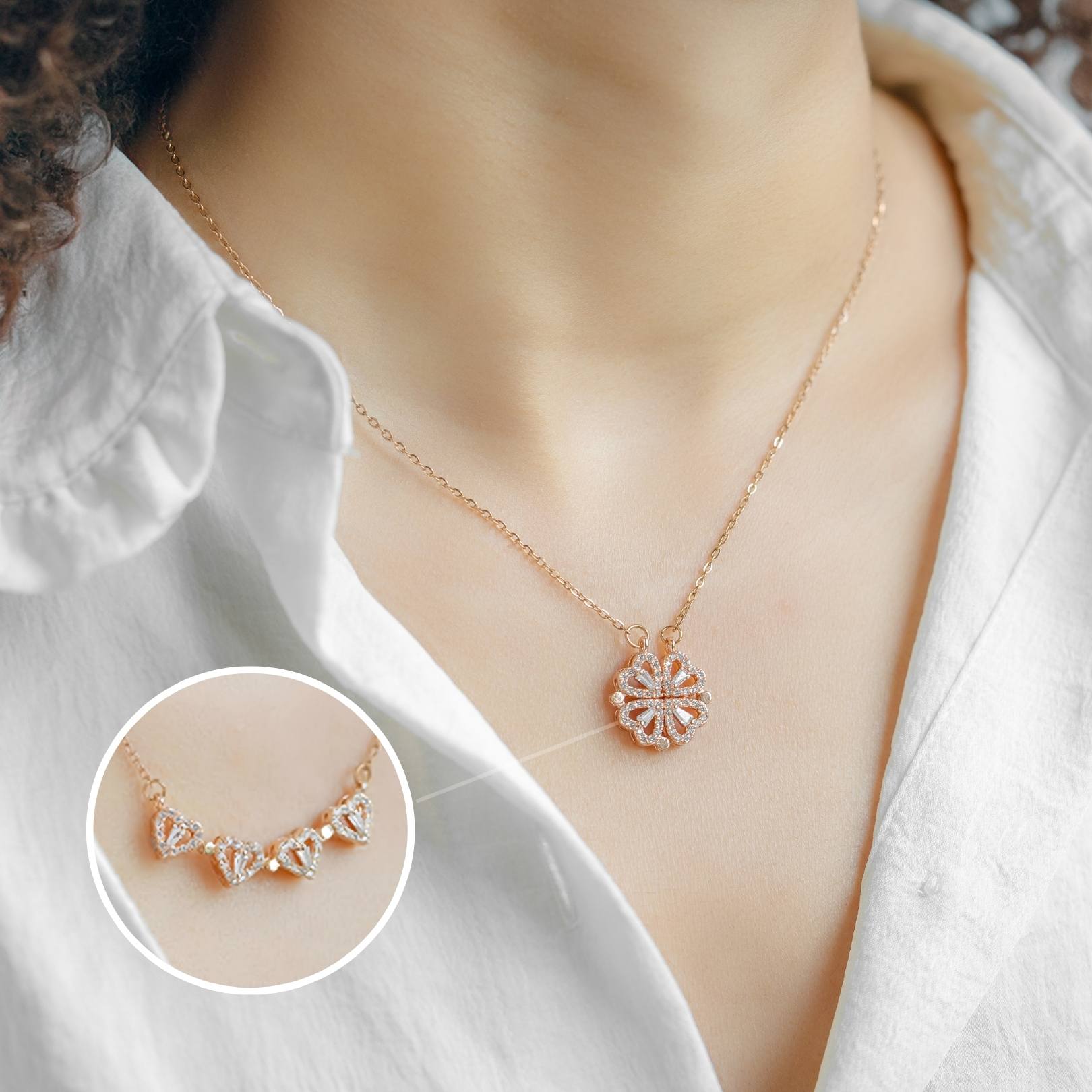 Magnetic Clover Heart Necklace Rose Gold