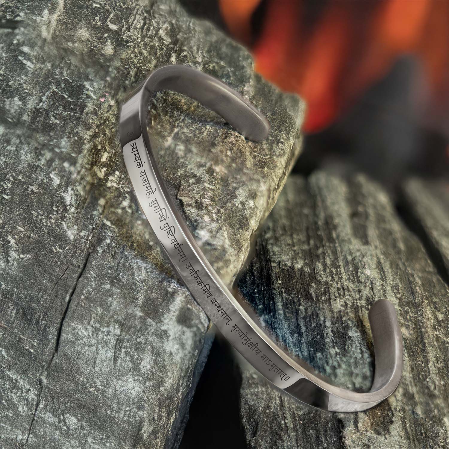 Maha Mrintujay Mantra Gloss Cuff Adjustable Bracelet Silver