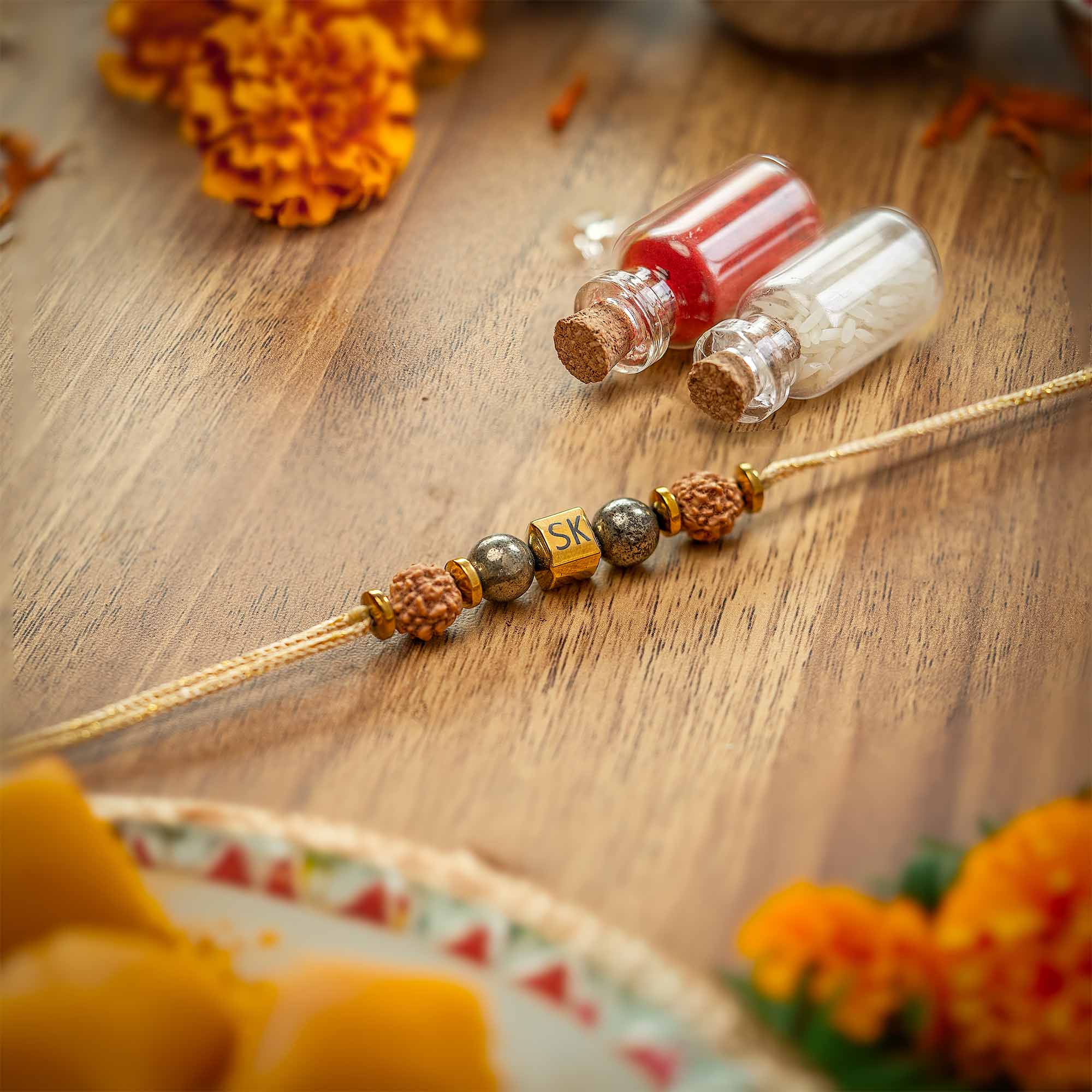 Personalised Prosperity Pyrite Rudraksh Rakhi Luxury Duo Hamper