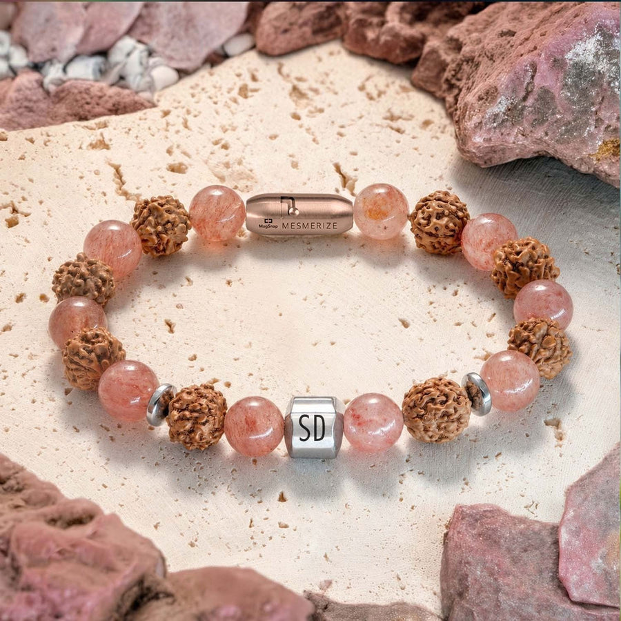Personalised Serenity Strawberry Quartz & Rudraksh Natural Stone Bracelet