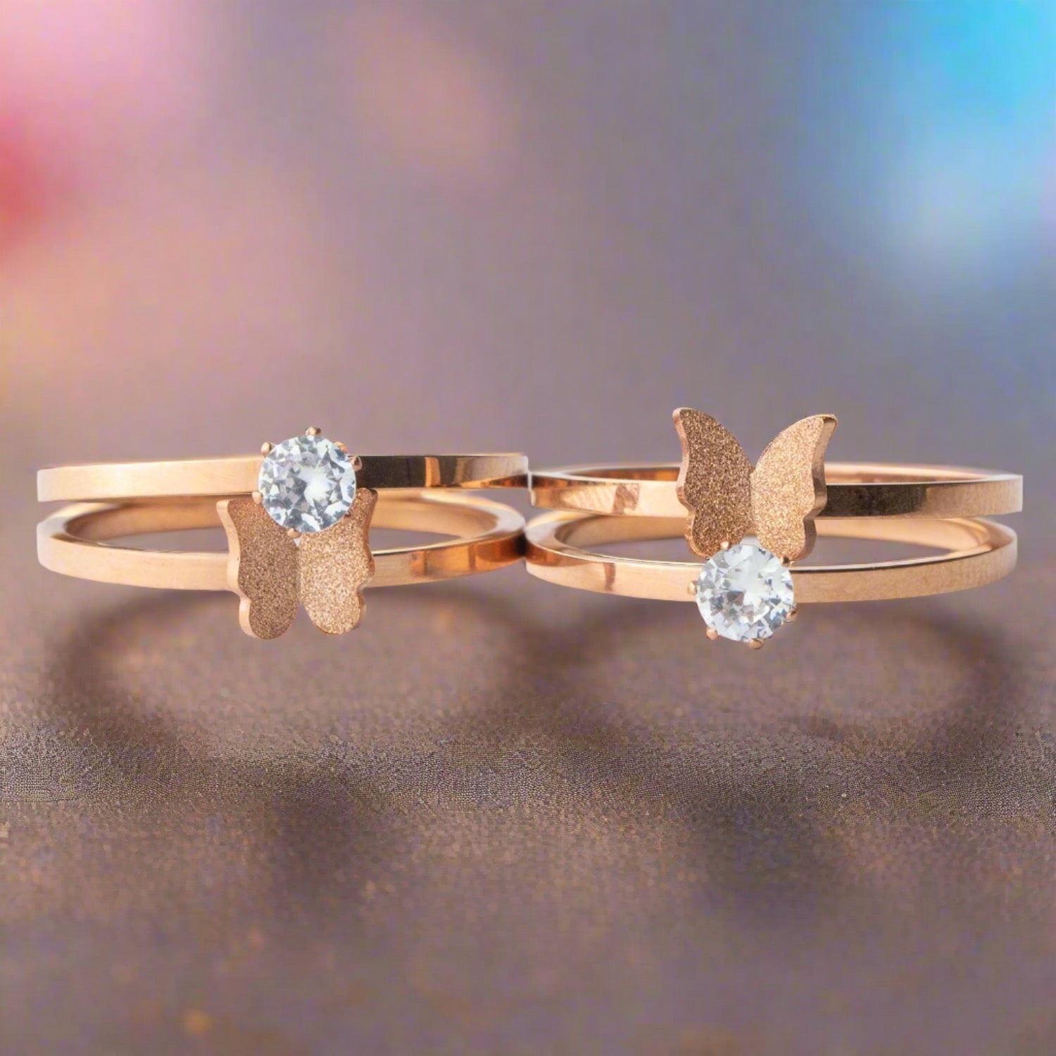 W Premium Jewellery Rose Gold Crystal Butterfly Rings