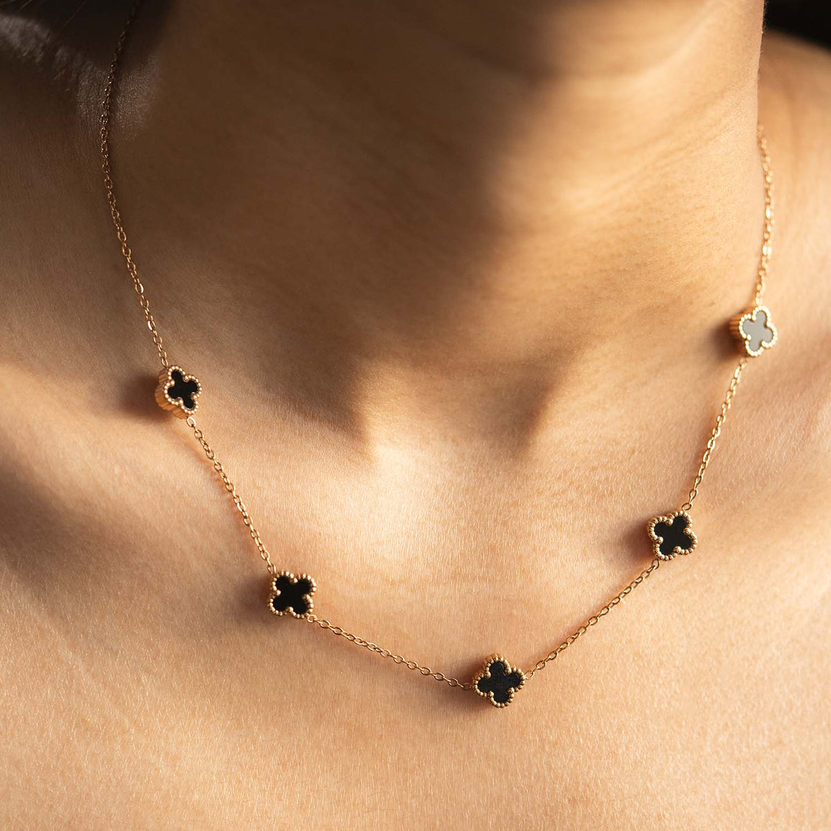 Rose Gold Dainty Clover Black Leaf Necklace