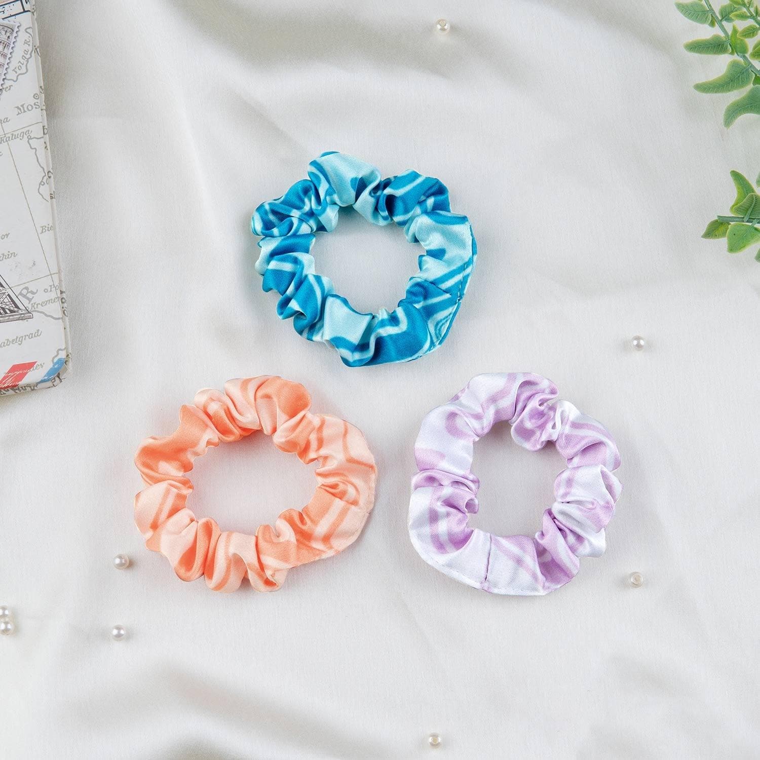 Abstract Print Skinny Satin Scrunchie (Blue, Peach, Lilac)