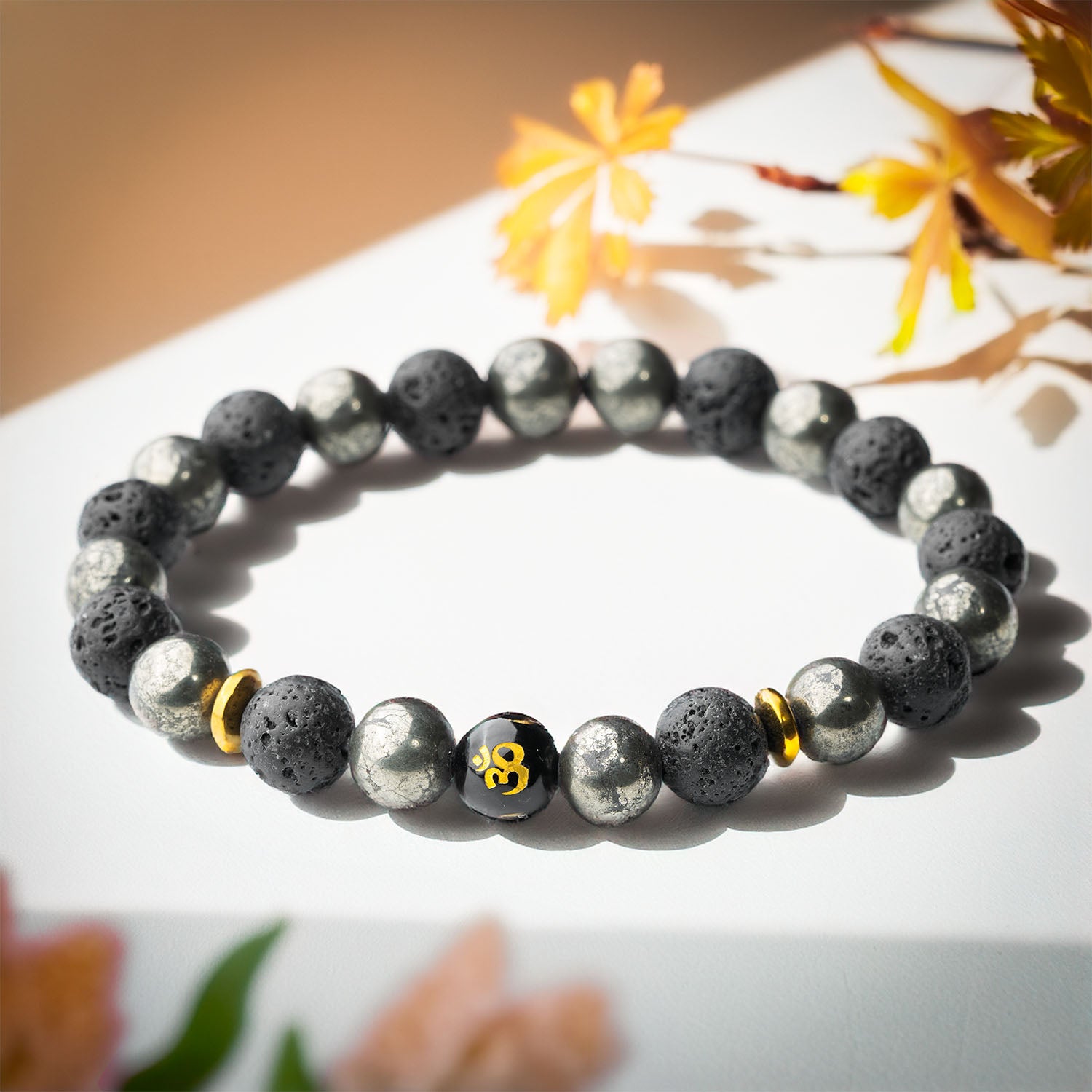 Spiritual Pyrite Natural Stone OM Elastic Bracelet