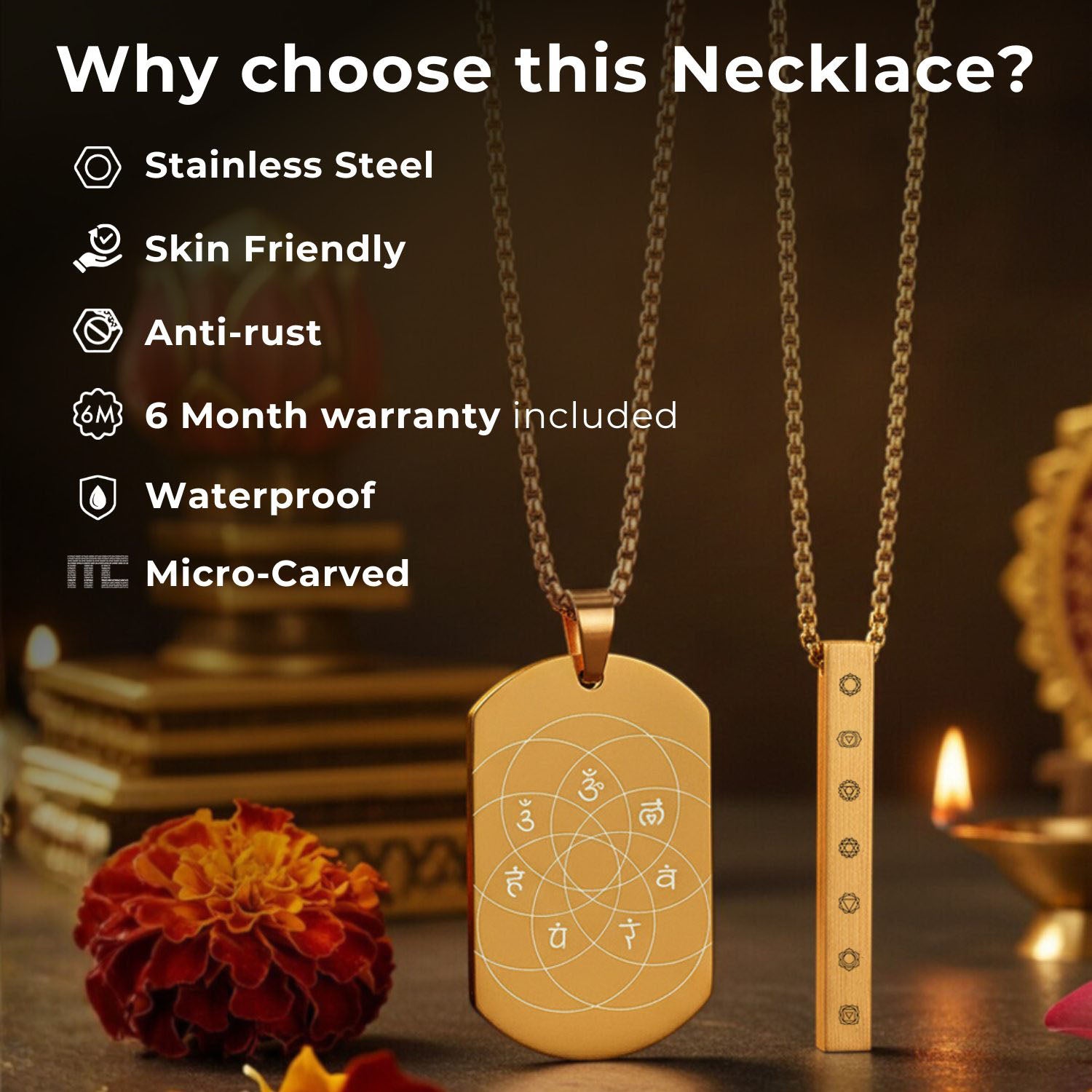 Om Sai Ram Inlay MicroCarved Tag Necklace Gold