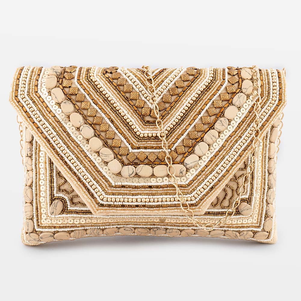  Beige Suede Hand Embellished Sling Bag By Mesmerize India